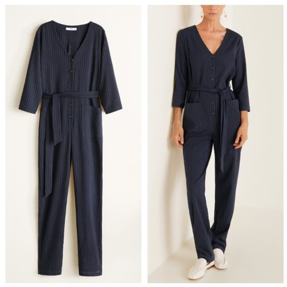 MANGO Navy Striped Long Belted Jumpsuit Pockets V Neck Size XSMALL